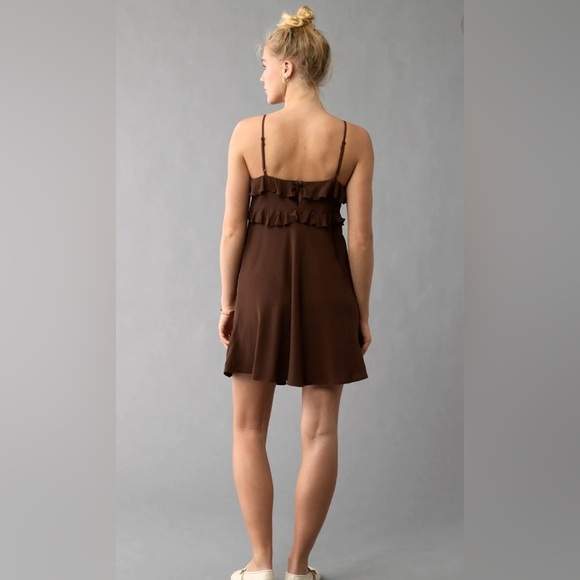 NWT American Eagle Outfitters Brown Ruffle Mini Dress Size L - Picture 3 of 10